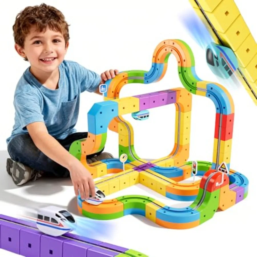 

Electric train set for kids 3-8 years old flexible 3D race track with anti-gravity feature ABS plastic material blue and red co