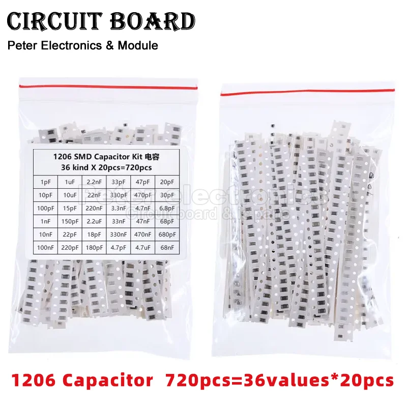 

720pcs=36values*20pcs 1206 Capacitor Assorted Kit SMD 10PF-22UF Electronic DIY Samples Set