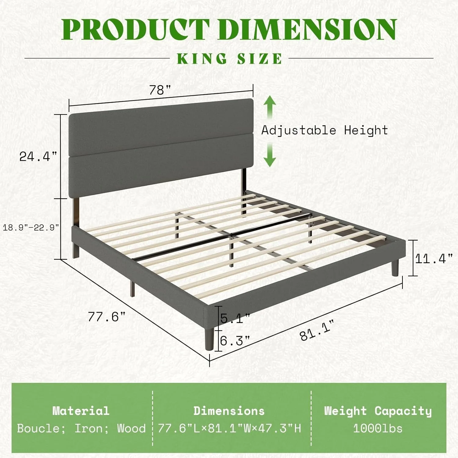 King Size Upholstered Bed Frame, Platform Bed with 47.3