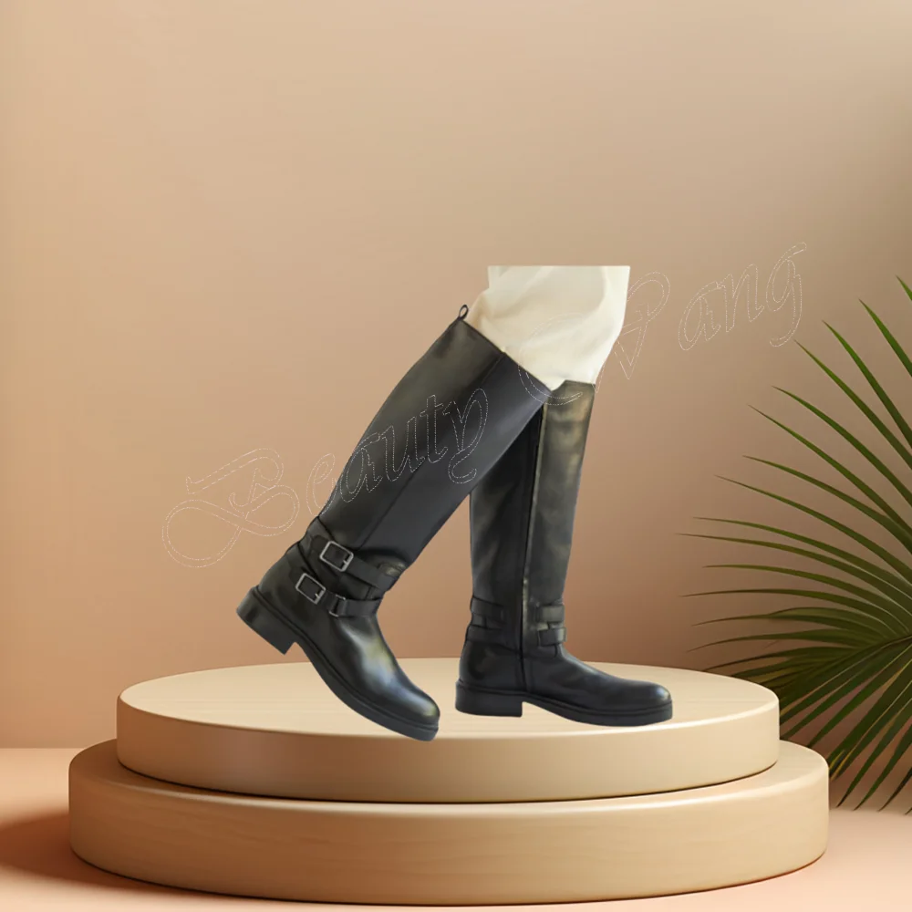 

Black Metal Decor Slip on Boots Solid Men's Shoes Long Matte Leather Round Toe Knee High Shoes for Men Zapatos Para Hombres