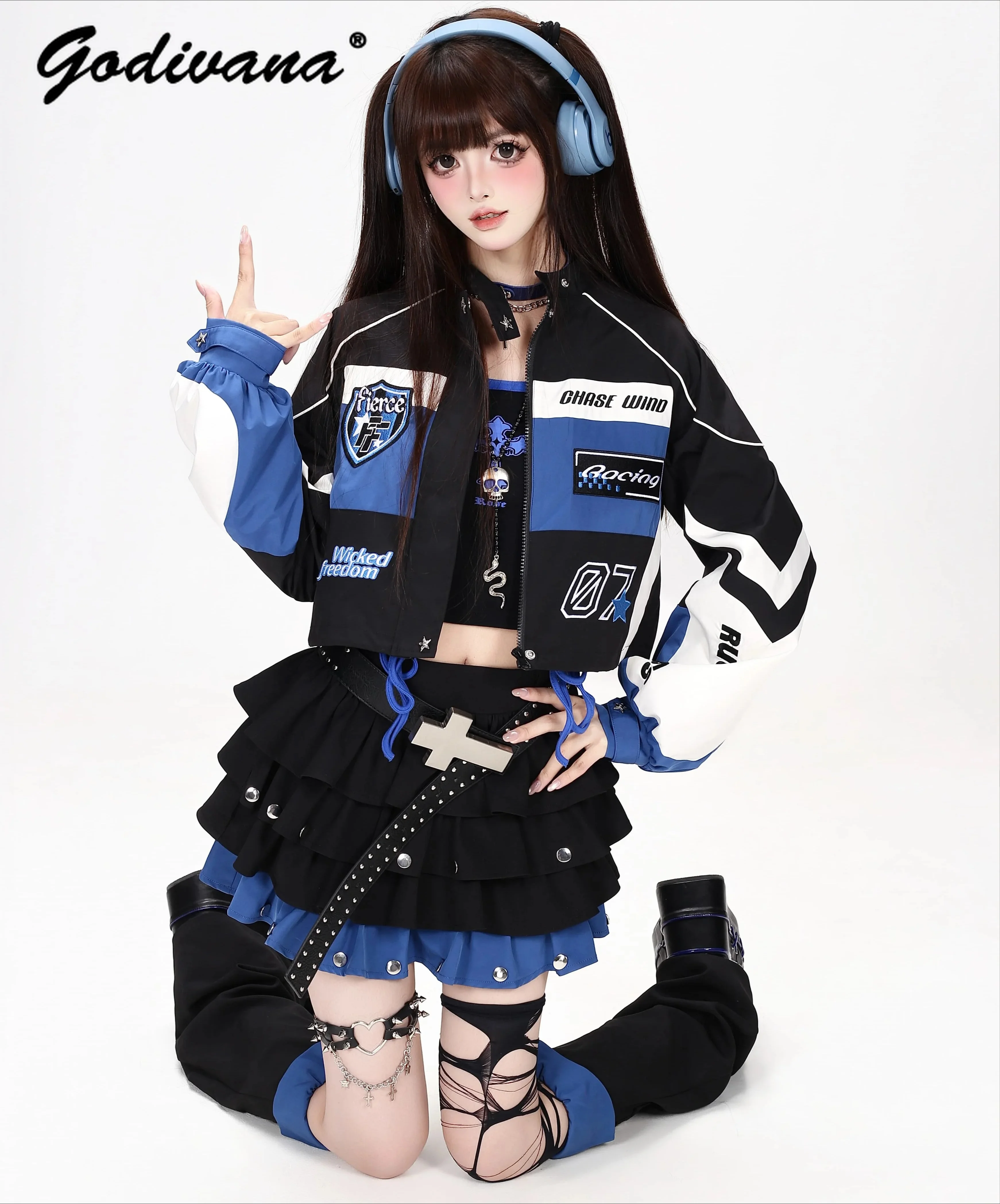 American Style Sweet Cool Y2k Girls Skirt Set Autumn New Women's Motorcycle Short Baseball Jacket Rivet Cake Skirt with Leg Warm