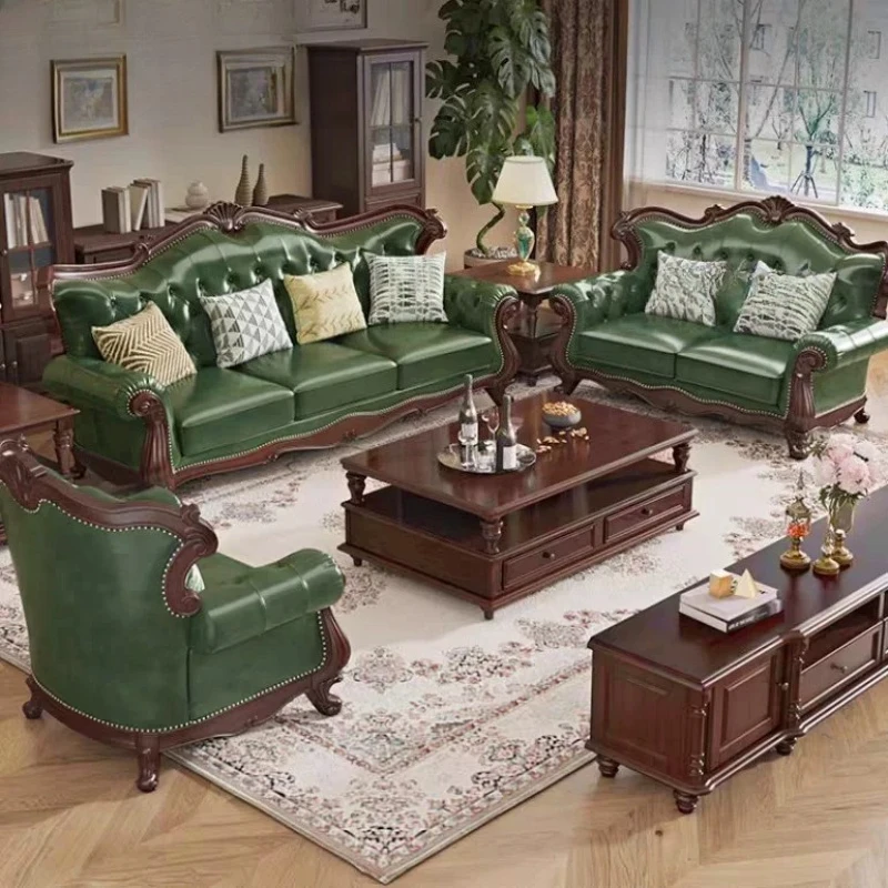 Green Wooden European Sofa Corner Brown Comfortable Large European Sofa Vintage Side Tables Fotele Do Salonu Home Furniture
