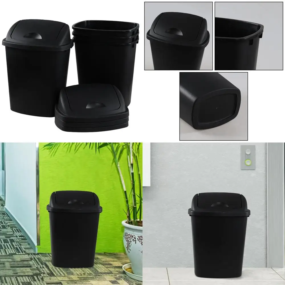 

6 Gallon Capacity Plastic Swing Lid Trash Cans, Black, 4-Pack