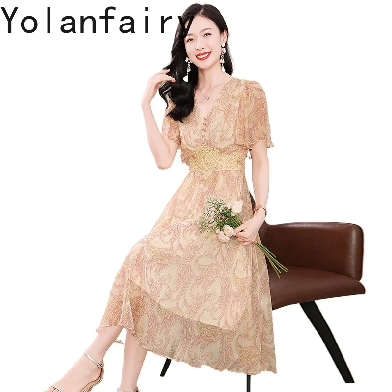 YOLANFAIRY Fashion 100% Natural Mulberry Silk Women Dress Summer Luxury Cinched Waist Dresses Woman V-neck Floral Beach Dress