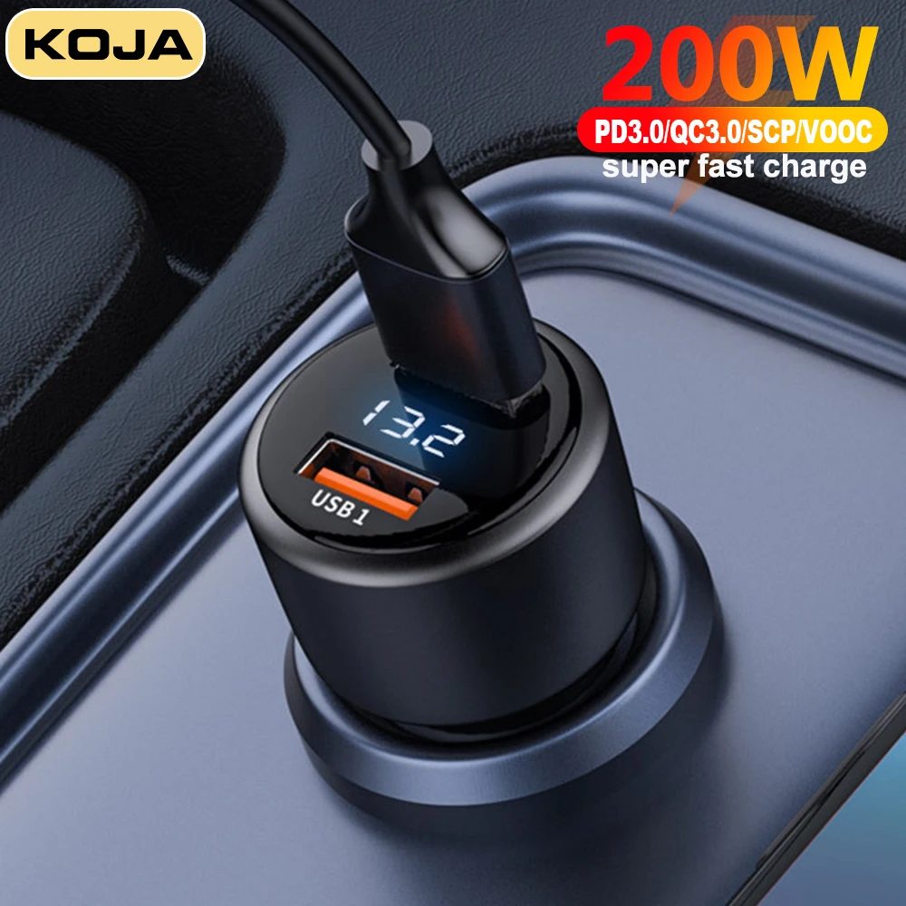 

200W USB Car Charger Super Fast Charge 100W 66W Quick Charge 3.0 LED Digital Display For IPhone 14 13 HUAWEI OPPO Xiaomi Phone