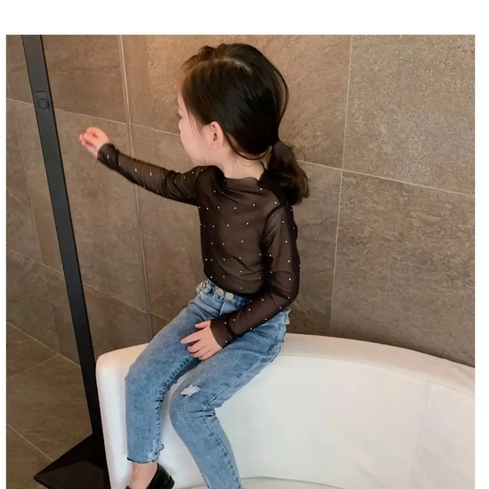 Girls Mesh Top Long-sleeved Hollow Mesh T-shirt Children's Transparent Sequins Fashion New Style Outer Bottoming Shirt