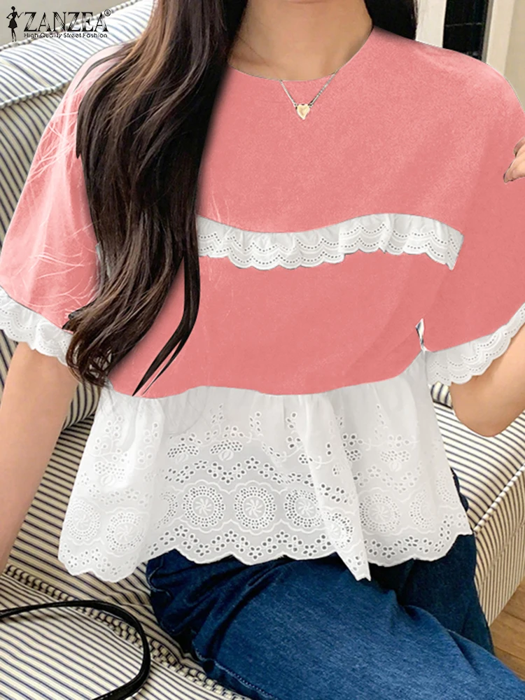 ZANZEA Vrouwen Koreaanse T-shirts Zomer Kant Tees 2025 Mode Korte Mouw O-hals Patchwork Casual T-shirts Losse Oversized Shirts