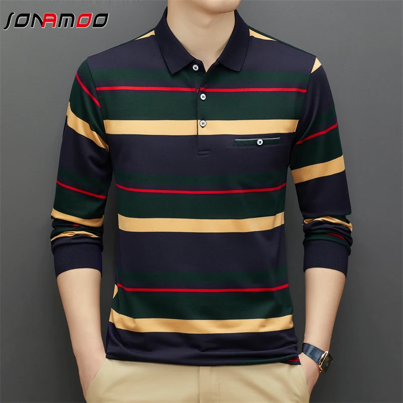 Spring and Autumn Long Sleeve Polo Shirt Fashion Stripe Men\'s Polo Neck Top Pure Cotton Daily Long Sleeve Polo Shirt