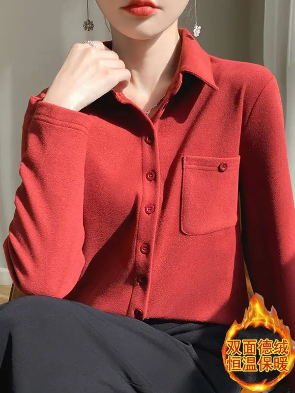 

Зимняя женская базовая толстая рубашка с длинным рукавом, офисная женская рабочая одежда на пуговицах, однотонная женская блузка, топы TT122