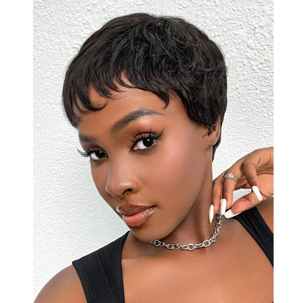 Wig Potongan Pixie Pendek Wig Rambut Manusia Brasil Lurus dengan Warna Hitam dan Merah Wig Buatan Mesin Penuh untuk Wanita Dijual