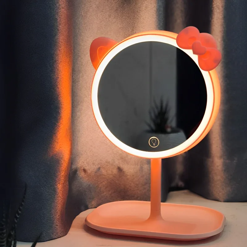 

Kawaii Sanrio Hello Kitty Mirror Anime Cartoon Bedroom Makeup Mirror with Storage Tray Bedside Atmosphere Night Light Girl Gifts