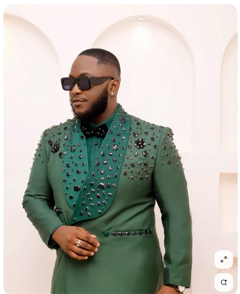 

Elegant Green Men Suit Set 2 Piece Blazer+Pants Trousers Beaded Wedding Tuxedos Formal Office Jacket Cotton Prom Coat Customized