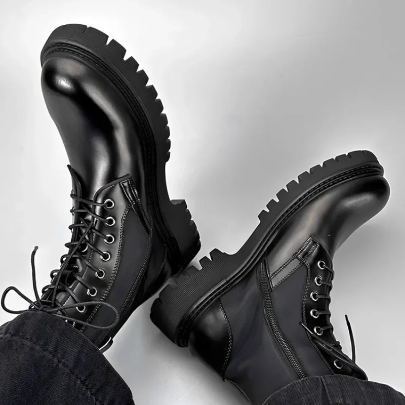 

New High Top Shoes Men Ankle Boots Genuine Leather Thick Sole Lace Up Casual Motorcycle Chelsea Boots Male Outdoor Work Black