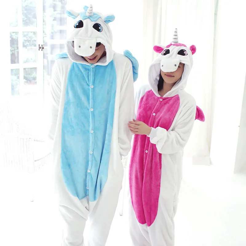 Blue or Rose Red Unicorn with wings and tail Flannel One-piece Hooded pajamas Button Onesie Couple Sleepwear Leisure wear