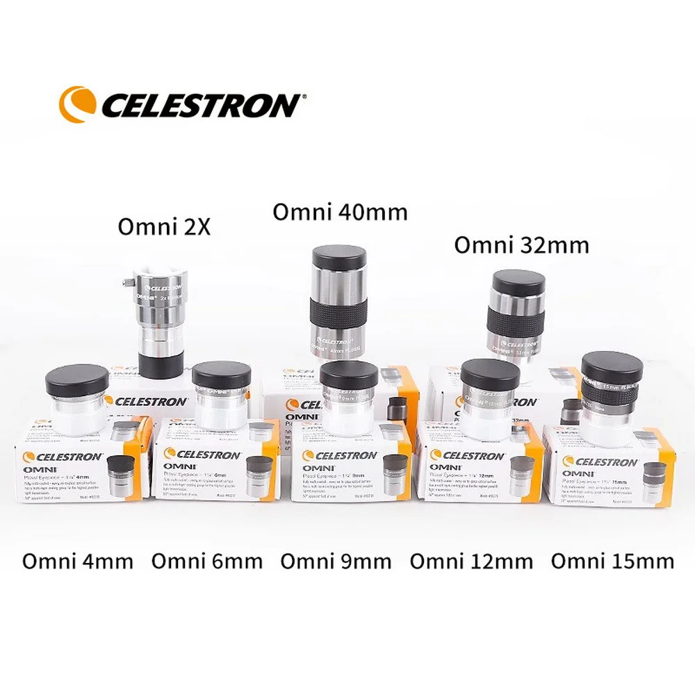 

Окуляры Celestron 1.25 дюйма Omni 4/6/9/12/15/32/40 мм / Линза Барлоу 2X для астрономических телескопов, металлические, артикул 93326