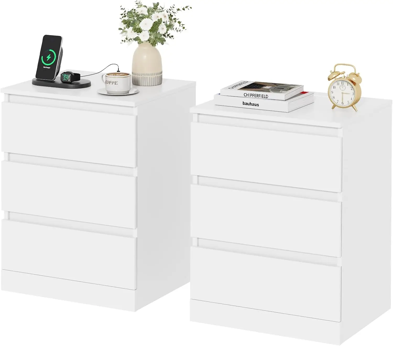 Nightstands Set of 2 with Charging Station and Drawer, Walnut