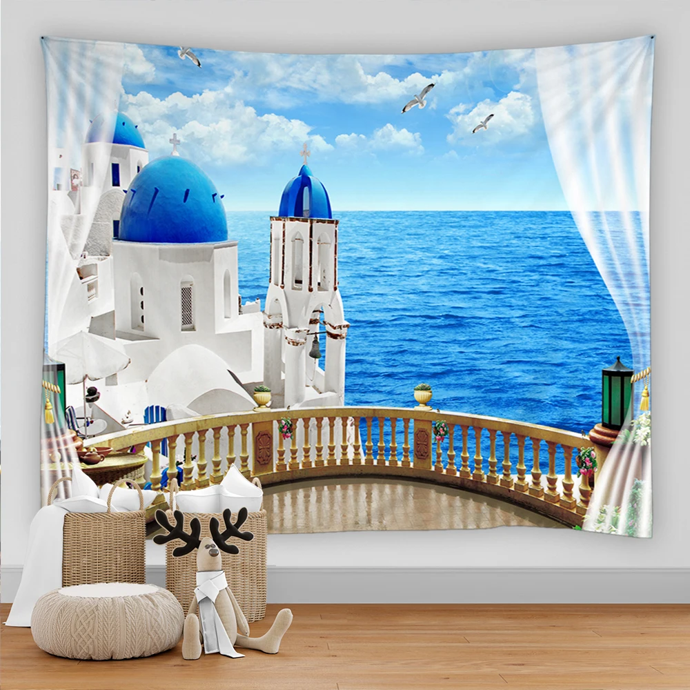 3D Printed Seaview Room Tapestry Beach Plant Nature Scenery Wall Hanging Home Living Room Bedroom Decor Aesthetic Tapestry Tapiz