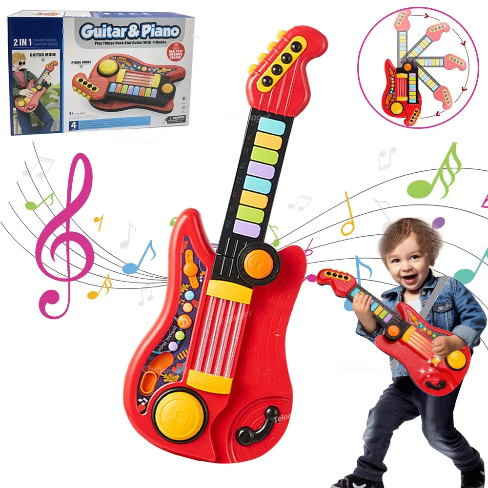 Kids Guitar 3 in 1 Folding Musical Instrument Toddler Electronic Guitar Piano Drum Educational Toys Birthday Gift for Girl Boy