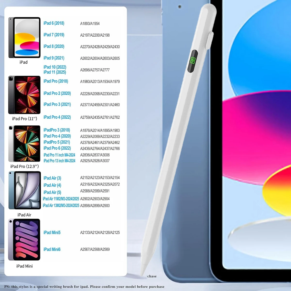 

Стилус для iPad с чувствительным наклоном и функцией ладони, карандаш, совместимый с Apple iPad Pro 11/12,9 дюймов, iPad 6/7/8/9/10/11th