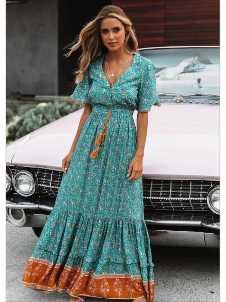 

Bohemian Long Dress Women's Retro Fashion Printed Short Sleeved Dress Sexy V-neck Seaside Vacation Drawstring Waist Beach Dress
