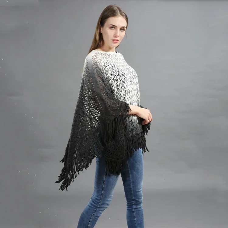 Spring Autumn New Double-layer Irregular Shawl Hollowed Out Tassel Lattice Cloak Versatile Loose Pullover Poncho Black