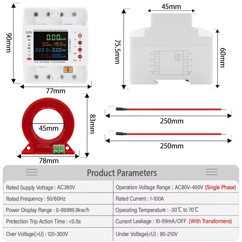 Imagem -06 - Medidor de Energia com Monitor de Consumo de Energia Monitor de Vazamento Sobretensão Relé de Proteção Limite de Corrente Aplicativo Tuya 100a Kwh Inteligente