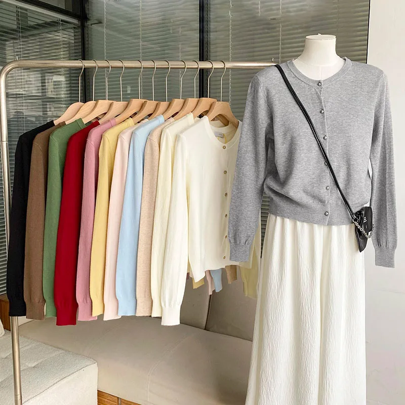 Women Crew Neck Knit Cardigan Long Sleeve Button Solid Color Soft Knitted Outerwear Lady Multi-Colors Casual Daily Weater Coat