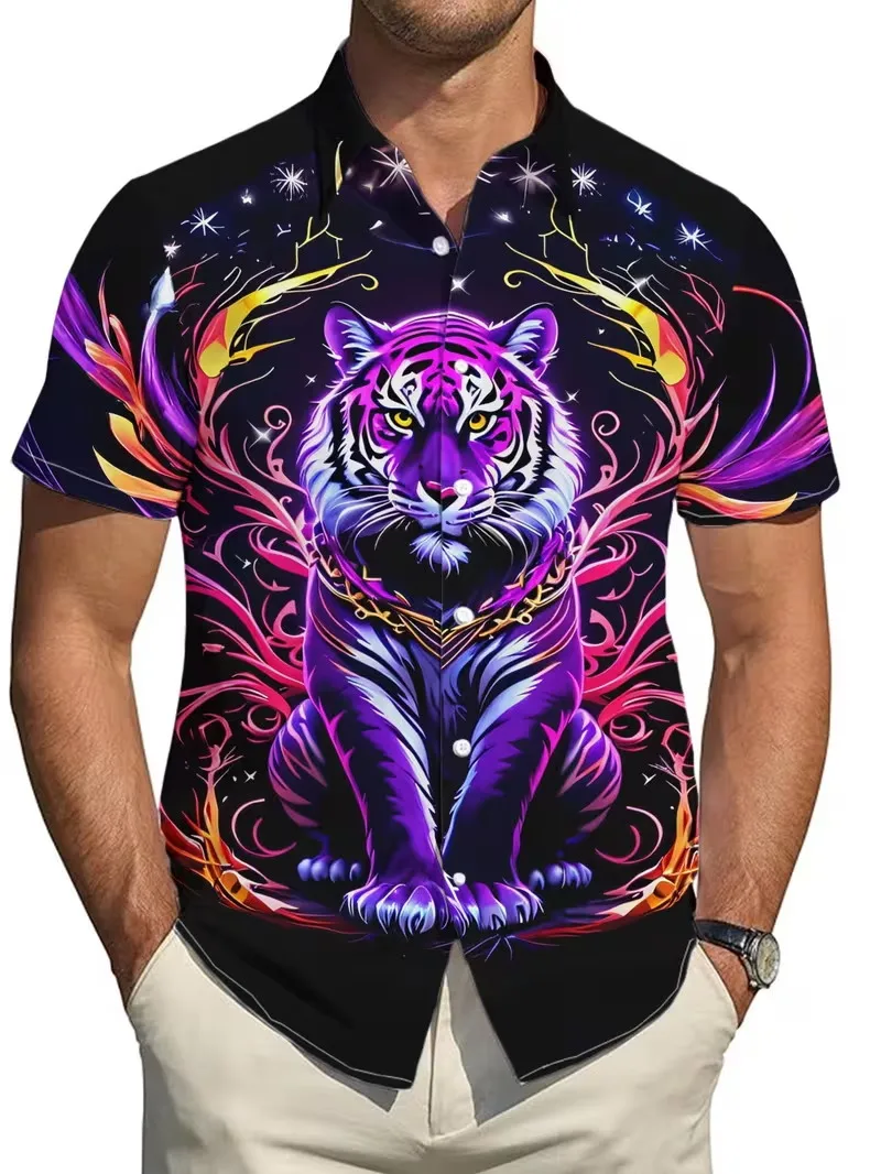 Neon Purple Tiger Print Hawaiian Shirt For Men Fantasy Animal Graphic Short Sleeve Beach Shirt Summer Vacation Aloha Shirts Tops