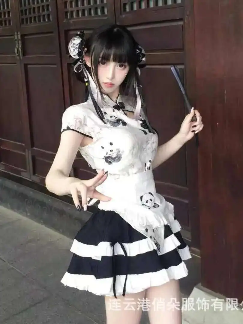 สาวน่ารักใหม่สไตล์จีน PANDA พิมพ์เอวสูงกระชับสัดส่วนพัฟเค้กกระโปรงแม่บ้านชุดผ้ากันเปื้อน Elegant สวย JQSM