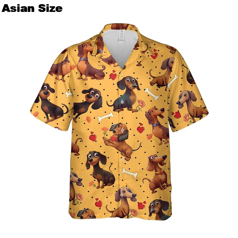 Cartoon Dachshund Dog 3D Printed Shirt For Men Animal Pet Dogs Graphics Short Sleeves Hawaiian Shirts Tops Unisex Lapel Blouse