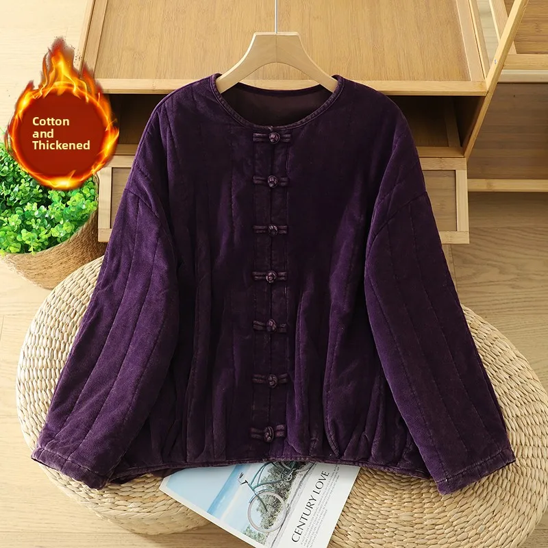 Retro Künstlerischer Vintage SLE Thiened Long Sve Cotton Jaet Pure Color Button-up-Mantel Kürbis-Design Cord-Knopfdetail