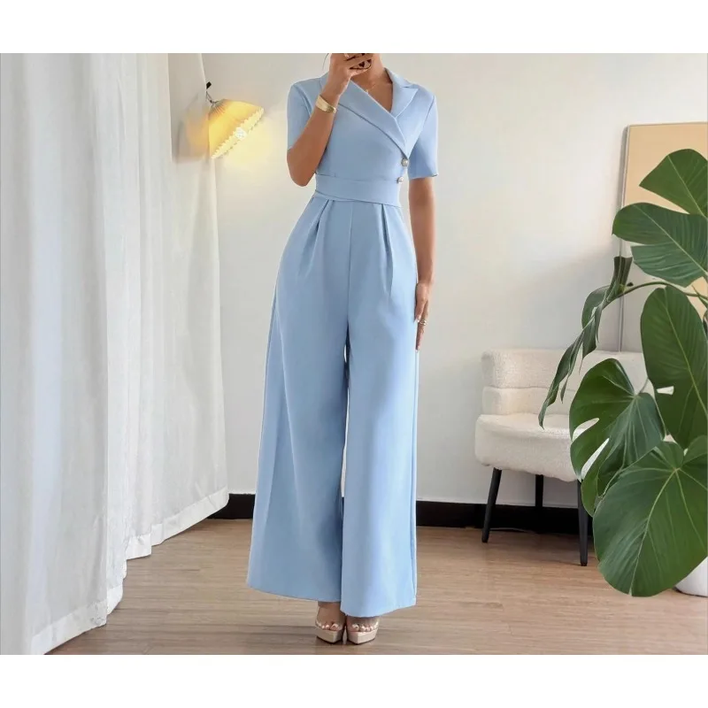 

Elegant Blue Jumpsuit for Women 2026 Spring Summer Wrap Waist Belted Slim Fit Commute Style Three Quarter Sleeve Conjoined Pants