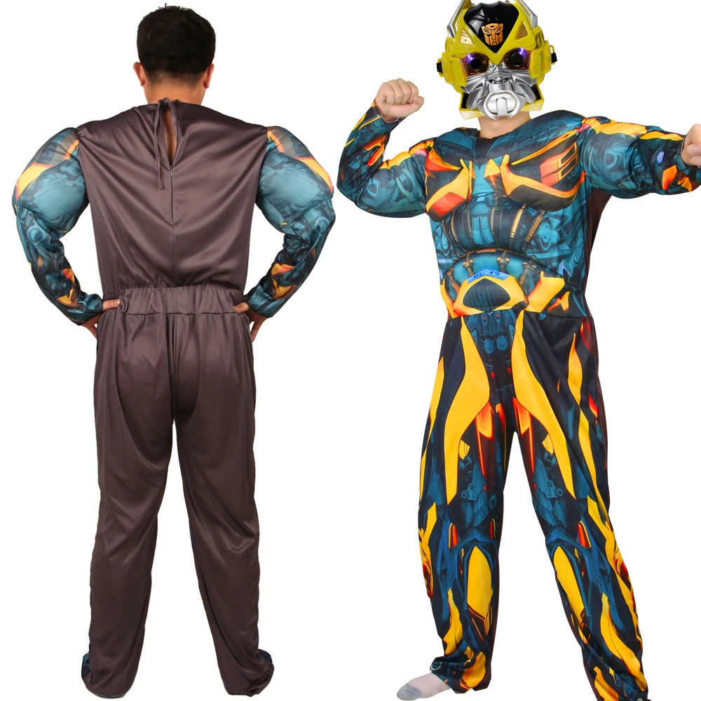 بدلة قفز ضيقة للعضلات من Transformers على طراز البالغين لعام 2025 مع عباءة وقناع عين اللباد مكون من 3 قطع للحفلات التنكرية