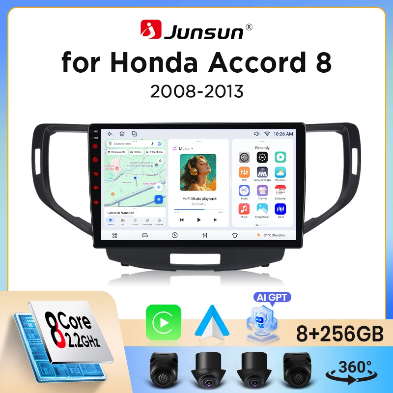 Autoradio sans fil Junsun CarPlay Android Auto pour Honda Accord Mk8 (CU/CW) 2008-2013 avec ventilateur de refroidissement intégré, navigation GPS Android, lecteur multimédia, WiFi, DSP, RDS, BT, SWC, écran tactile IPS, autoradio, lecteur vidéo, unité principale, stéréo