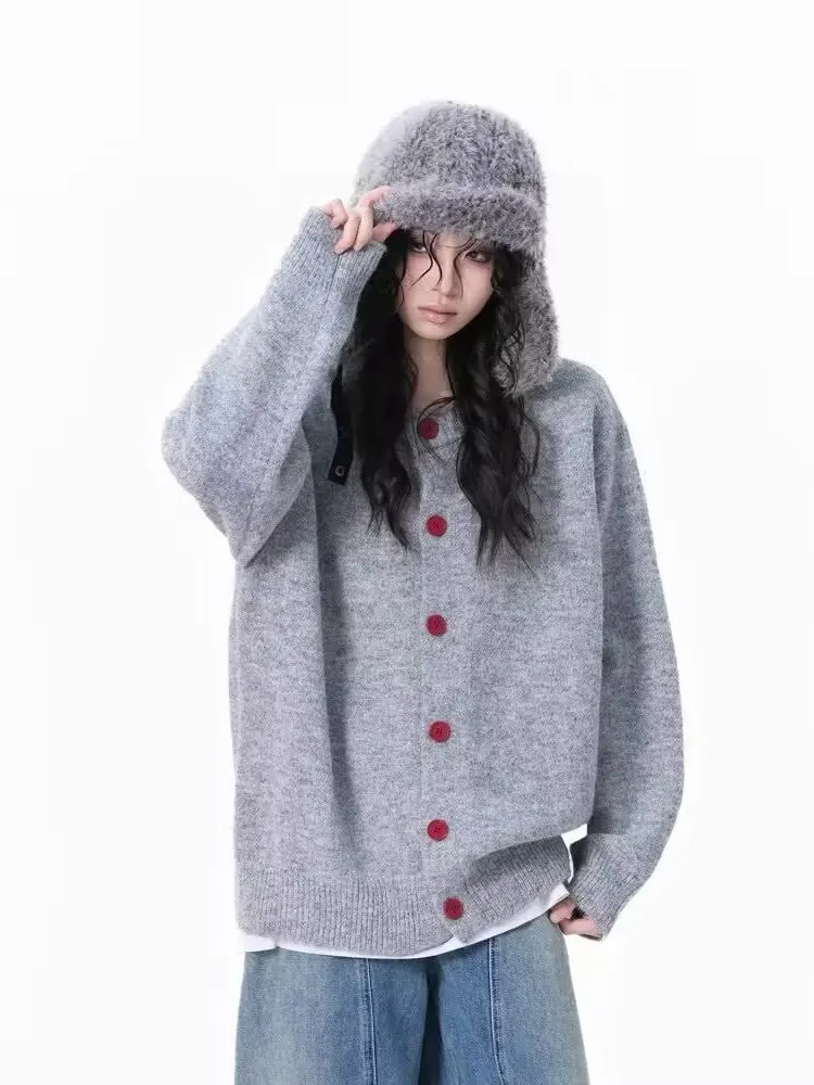 

American Retro Red Button Knitwear Coat Loose round Ne Open Cardigan for Men And Women Autumn Winter New Sle High Sensation