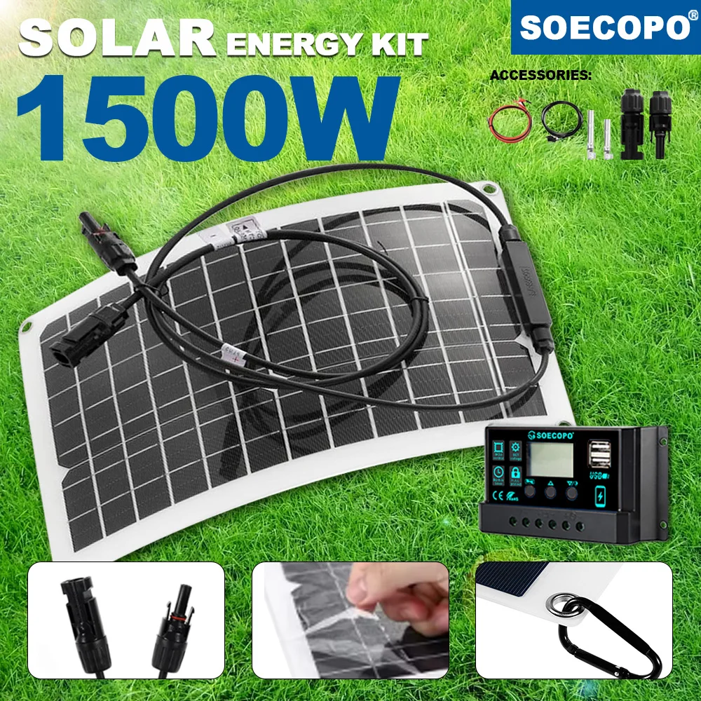 

1500W Solar Panel Kit 30A - 100A Controller - Camping Camper Accessories 5V1.5A USB Efficient Solar Energy Kit Phone Charging