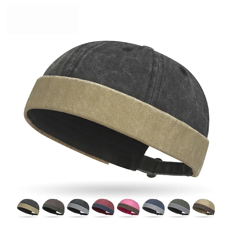Washed vintage distressed patchwork round brimless fedora hat for men and women, hip-hop style cowboy hat