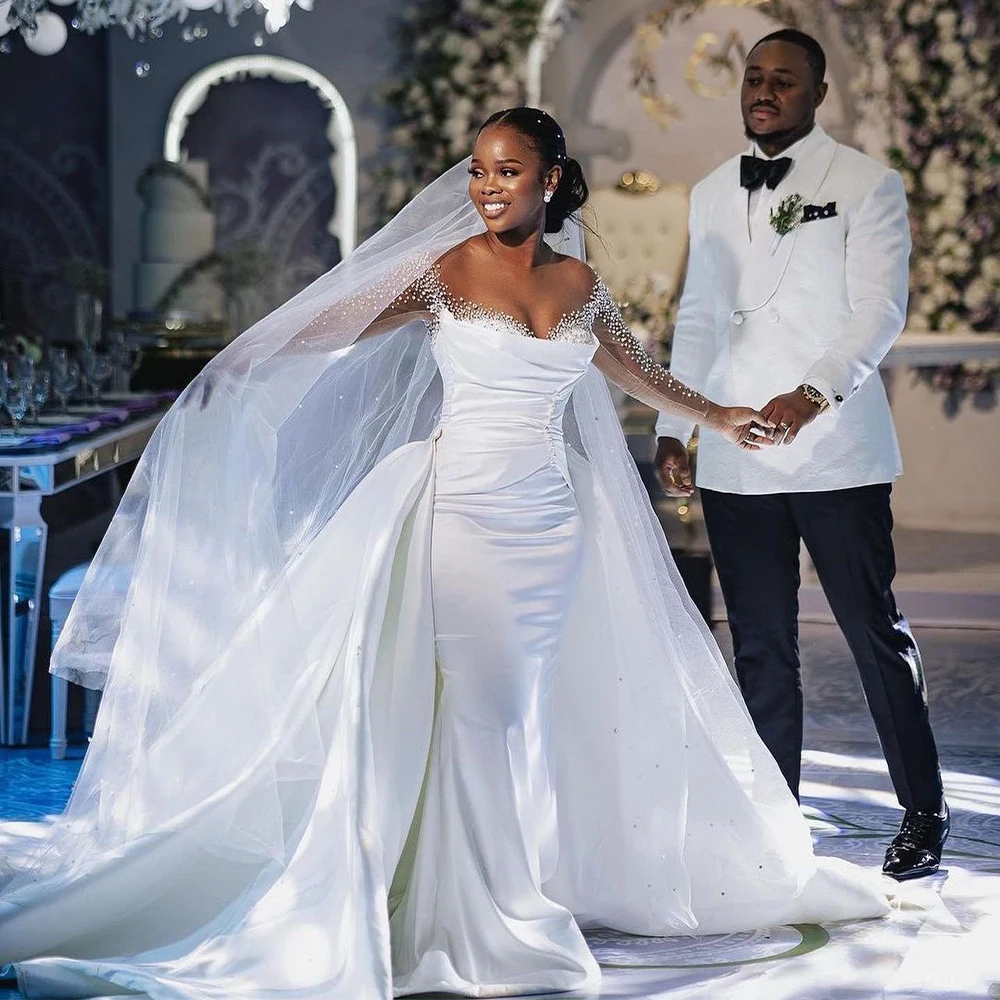 Vestido de novia de lujo con perlas de ilusión de tren desmontable, vestidos de novia de manga larga, vestidos de novia africanos de sirena de satén blanco