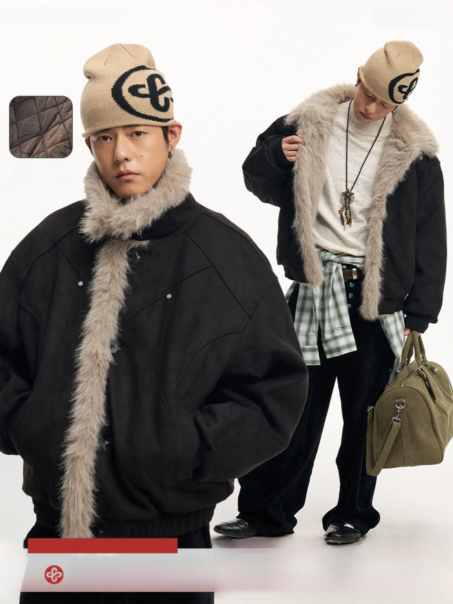 

CoosRetro Men's Retro American Style Winter Jacket Suede Cotton Fur Collar Patchwork Structure Rivet Casual Outerwear