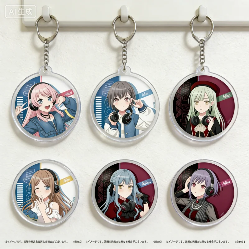 Juego de Anime BanG Dream! Llaveros de acrílico para cosplay con los personajes Soyo Anon, Mutsumi Sakiko, Mashiro, Maruyama Aya y Rana Sign