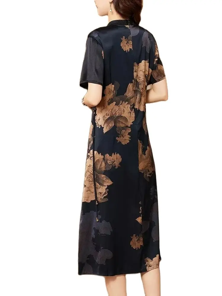 Imagem -02 - Vestido de Seda Birdtree Amora para Mulheres Vestidos Estampados com Flores Manga Curta Cetim Solto e Elegante D42249qm Primavera e Verão 2024