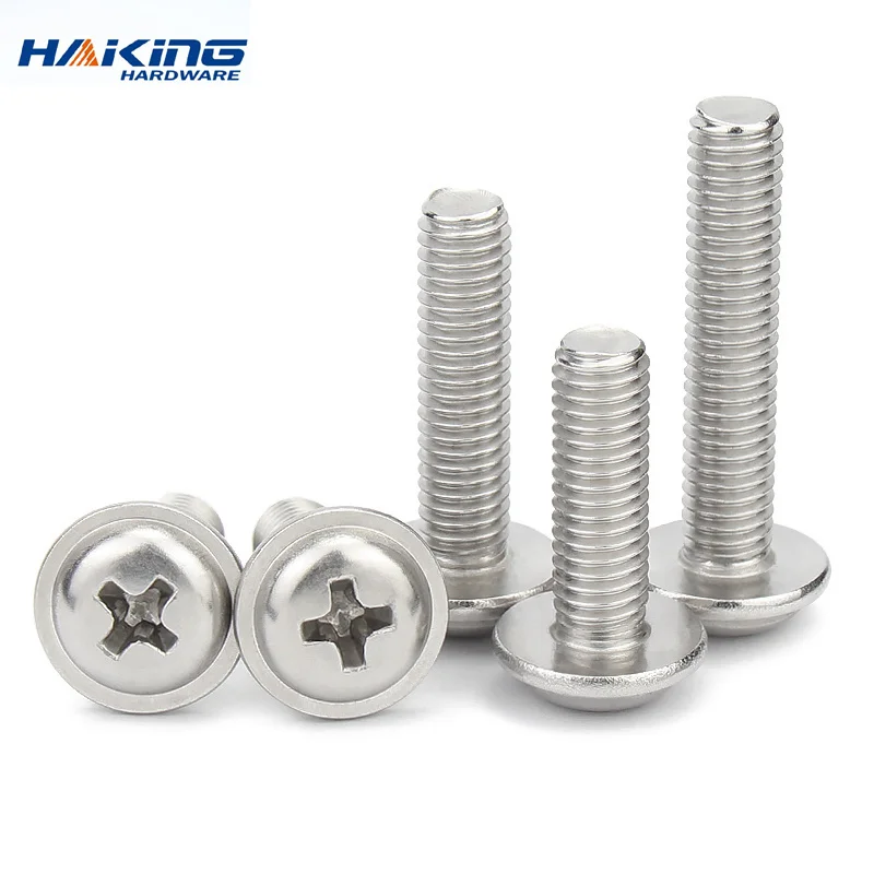 50pcs M3 M4 M5 304 Stainless Steel Cross Phillips Pan Round Truss Head with Washer Padded Collar Machine Screw PWM