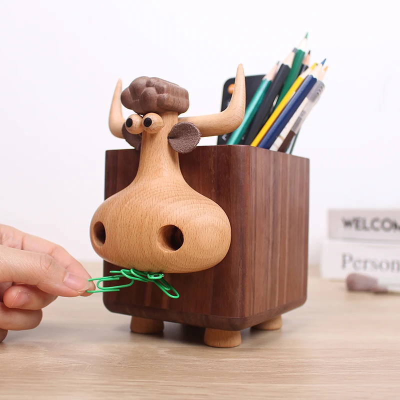 

Solid wood desktop storage box cartoon cute cow ornament desktop decoration pen holder makeup brush storage bucket creative gift