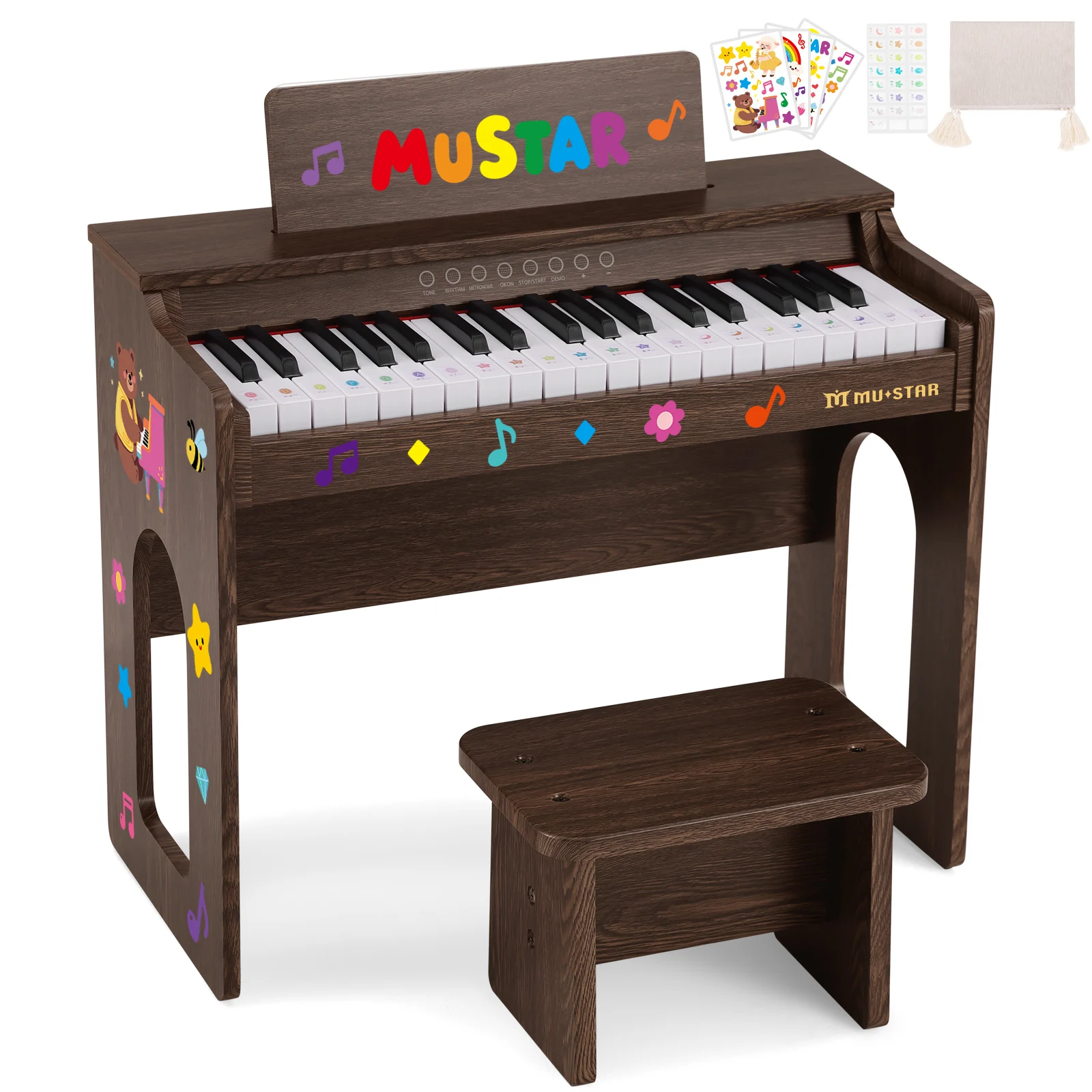 37 Keys Wooden White Digital Piano with Bench  Song Book, DIY Stickers, Cover, Education Creative Musical Instruments