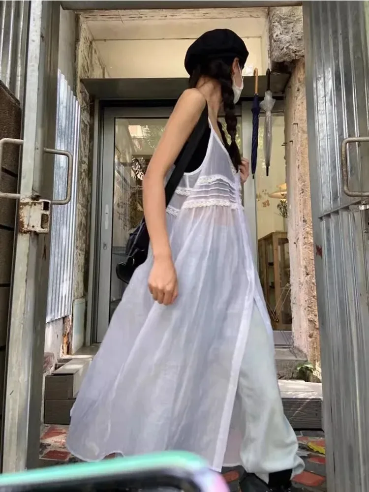 2024 Summer Y2k Fairycore White Camisole Dress for Women Mid-length Loose Vestidos Mujer 2024 Summer New V-neck Thin Dresses
