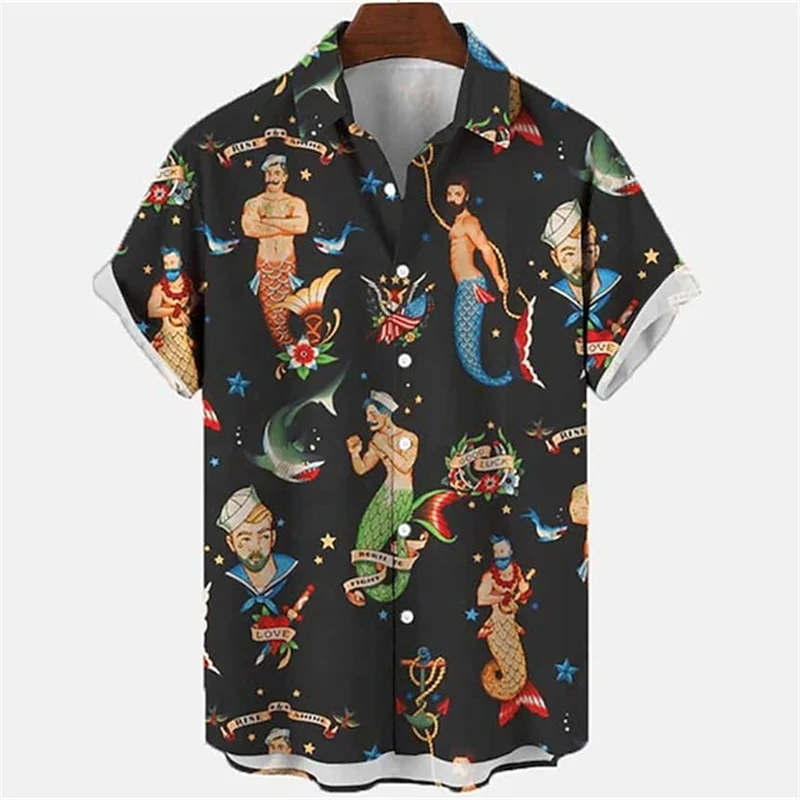 Mermaid retro printed shirts Men\'s European and American pattern shirts Summer casual short sleeved shirt Hawaiian button shirts