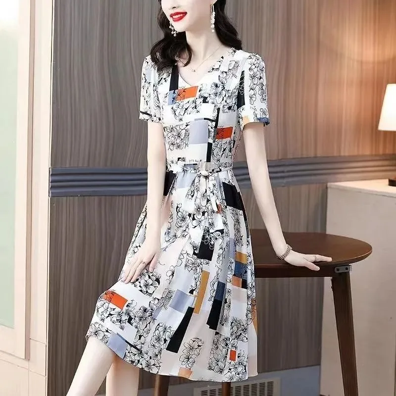 Women V Neck Short Sleeve Midi Dress Geometric Patchwork Print Drawstring Waist A Line Flared Dress With Pockets Casual Daily We
