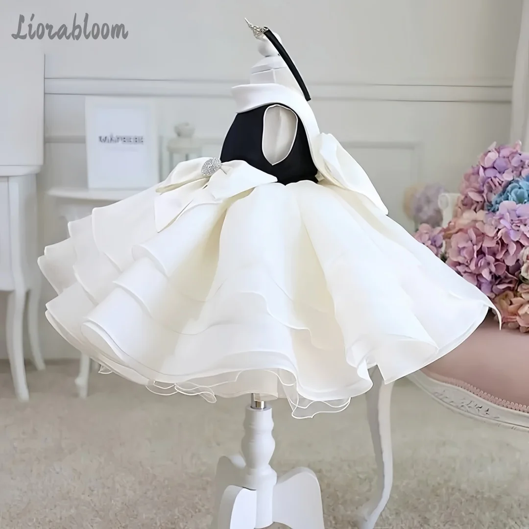 Abito Formale Semplice Bianco e Nero per Ragazze, Vestito da Sera con Gonna Ampia, Stile Principessa, Abito da Damigella, Elegante Abbigliamento Formale