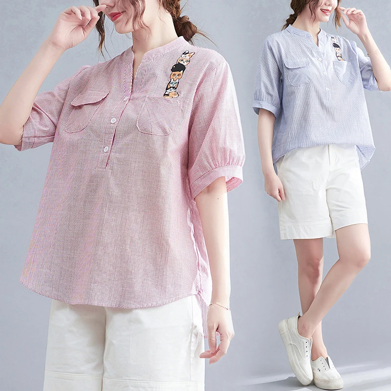 

2022 Summer Women's Shirt Short Sleeve V-Neck Casual Striped Blouses Women Cute Embroidery Top Cotton Linen Summer Clothing