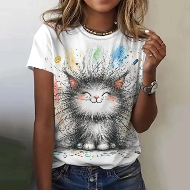 Funny Lovely Cat Printed Women's T-Shirts Casual Short Sleeve Tshirts  O-Neck Oversize Girls Clothing Casual Loose Oversize Tops